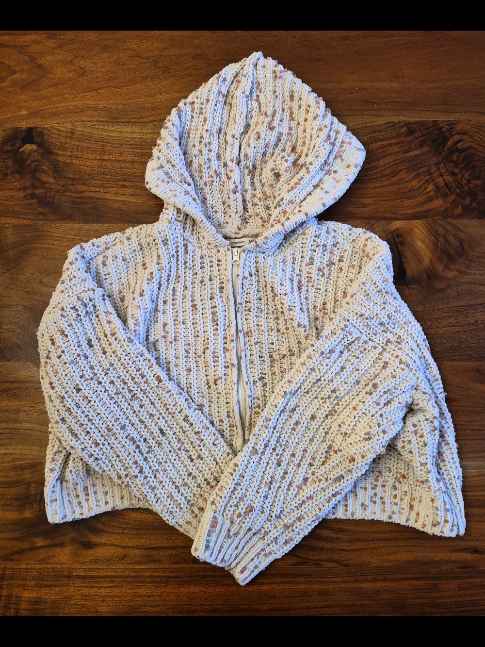 moon & madison Cream Speckled Hooded Zip Knit Cardigan